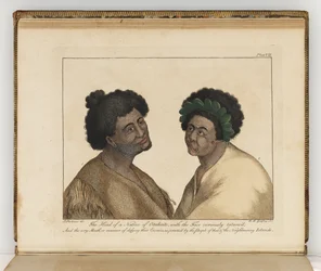 Hovedet af en indfødt i Otaheite, illustration fra A journal of a voyage to the South Seas: in His Majestys ship, the Endeavour, 1794 (håndkoloreret gravering)